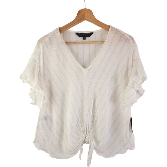 RACHEL Rachel Roy June Striped Top White & Gold V-neck Tie Front Ruffled XS New - Picture 3 of 8